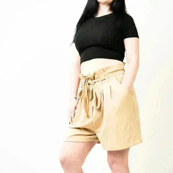 Venus Tan Paper Bag Cinched Tie Waist Shorts - Picture 2 of 6